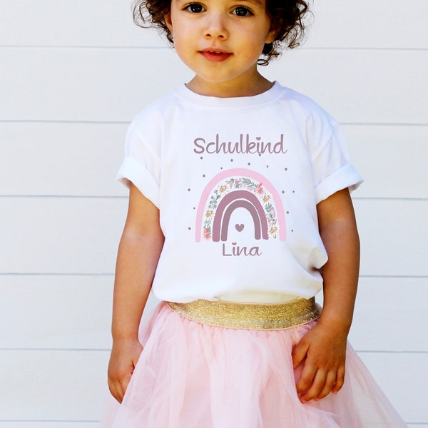 Schulkind T-Shirt Regenbogen / Einschulungshirt mit Regenbogen/ Schulkind Mädchen rosa Blumen/ Geschenk Erstklässlerin