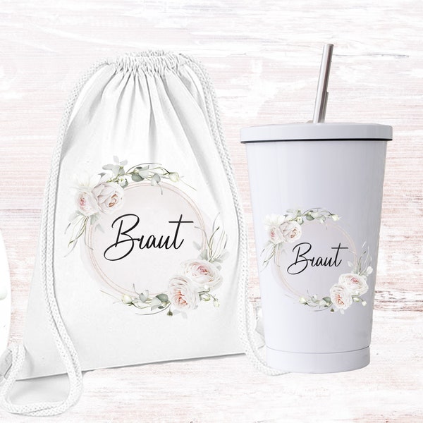 Beutel Team Braut / Braut/  Tasche / Team Braut/ Trinkbecher für Braut  JGA Braut Bride Eukalyptus Blumen Kranz /  Kranz