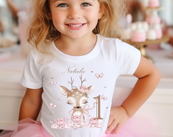 Geburtstagsshirt für Mädchen Rehe Blumen Boho/ T-Shirt personalisiert Geburtstagskind / mein erstes Geburtstag