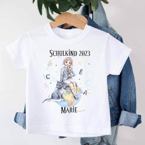 T-Shirt Schulkind 2023/  Einschulung Buchstaben/ Erde / Zahlen/ Mädchen/ Katze/ Hand/ Geschenk Kinder