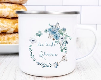 Emaille Tasse für Lehrerin Erzieherin, Dankeschön Tasse, Geschenk für Lehrerin, Oma, perosnalisierte Tasse Bluemnkranz,