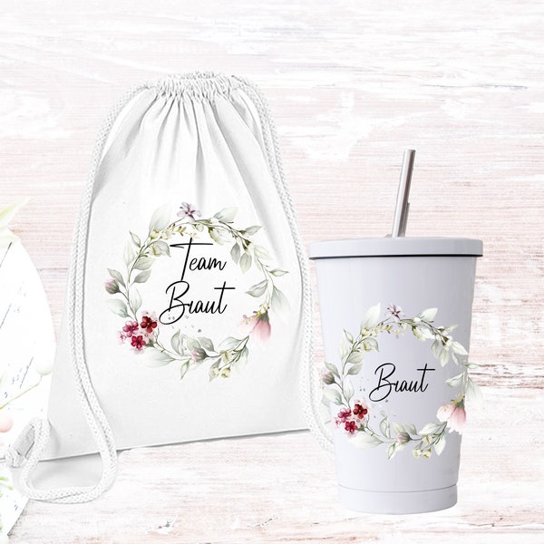 Beutel JGA Braut / Team Braut/ Trinkbecher für Braut  JGA Braut Bride Eukalyptus Blumen Kranz / Geschenk für die Braut / Cocktailbecher