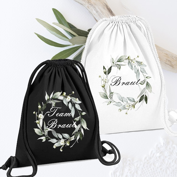 Beutel Team Braut /  Tasche JGA Kranz/  Personalisierte JGA Beutel zum Junggesellinnenabschied / Eukalyptus