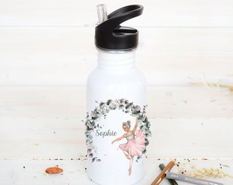 Drinking bottle with eucaliptus and ballerina, water bottle with name, bottle for children with rainbow, as a gift for girls,
