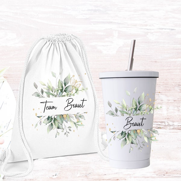 Beutel JGA Braut / Team Braut/ Trinkbecher für Braut  JGA Braut Bride Eukalyptus Blumen Kranz / Geschenk für die Braut / Cocktailbecher