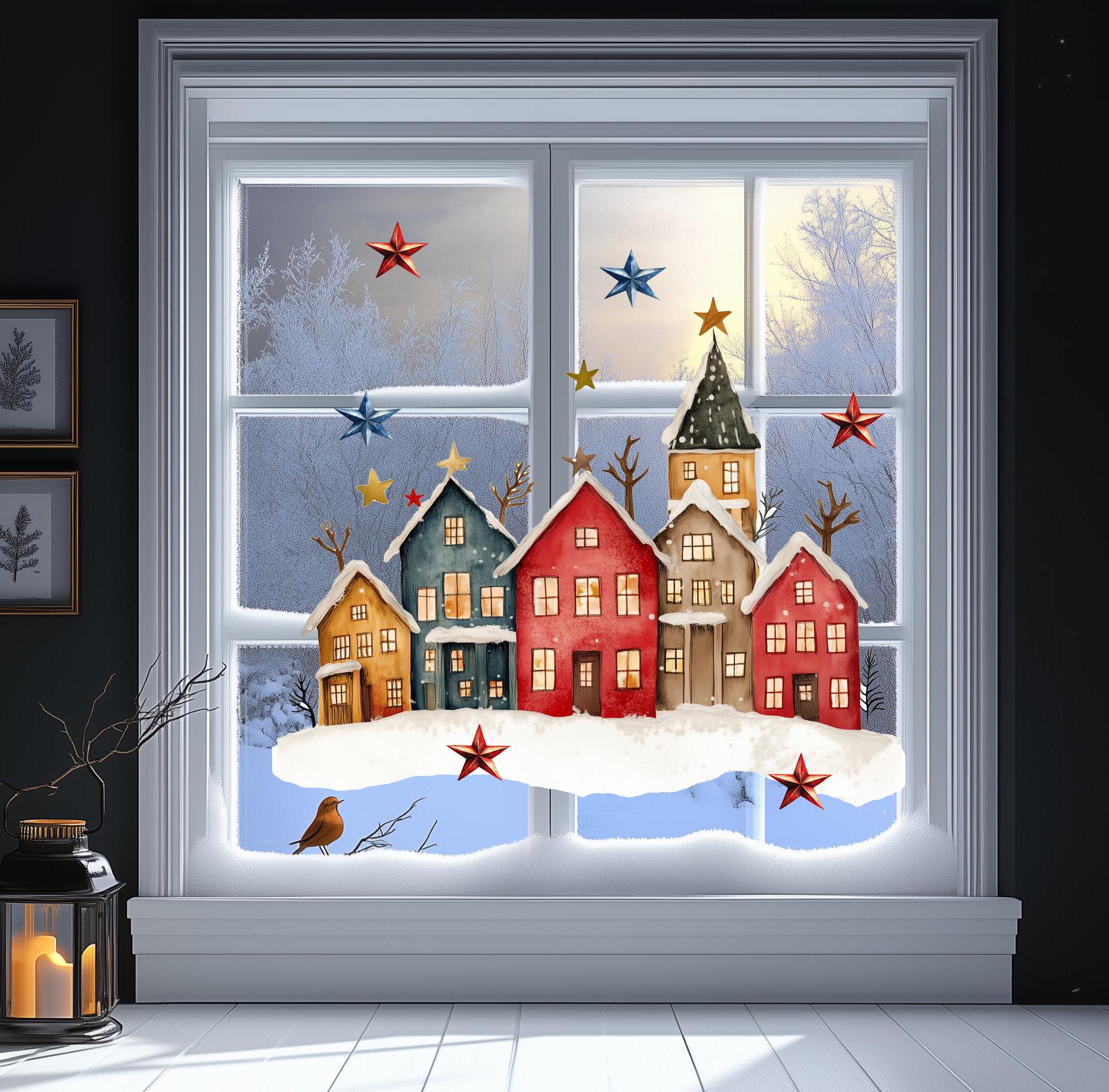 Fensterbild Weihnachtsdeko / Wiederverwendbares Fensterbild/ Weihnachten / Advent Häuser
