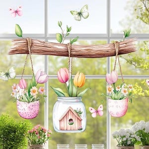 Peut inclure: Illustration à l'aquarelle d'une scène de fenêtre avec des pots de fleurs suspendus et des papillons. Une poutre en bois soutient les pots, contenant des tulipes et des marguerites. La scène se déroule sur un fond vert flou, suggérant un jardin.