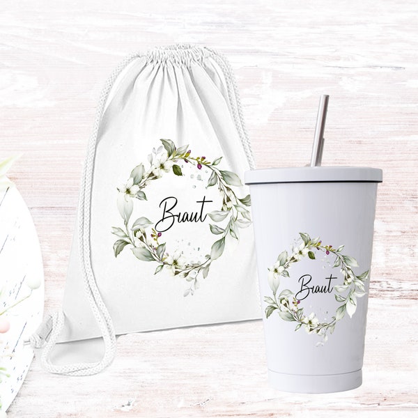 Beutel Team Braut / Braut/  Tasche /  Tasse Braut/ Geschenk für die Braut/ Edelstahlbecher Bride/ Kranz grün