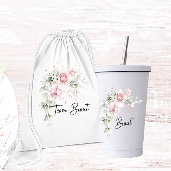 Beutel JGA Braut  Tasche / Team Braut/ Trinkbecher für Braut  JGA Braut Bride Eukalyptus Blumen Kranz / rose Eukalyptus