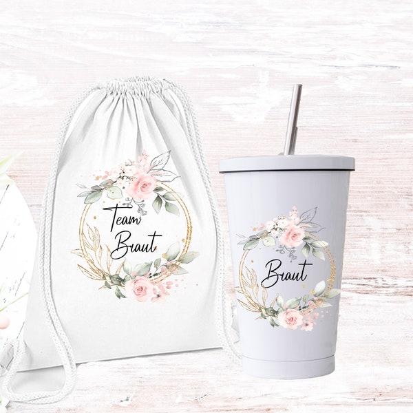 Beutel JGA Braut / Team Braut/ Trinkbecher für Braut  JGA Braut Bride Eukalyptus Blumen Kranz / Geschenk für die Braut / Cocktailbecher