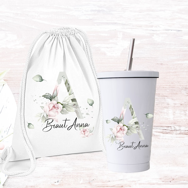 Tasche Buchstabe / Beutel / JGA/ Bride to be/ Trinkbecher für Braut  JGA Braut Bride Eukalyptus Blumen Kranz / Geschenk für die Braut /