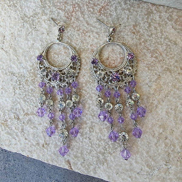 Mauve Jackie O Statement Round Filigree Hoop Earrings with Swarovski Drops Prom Formal Bridesmaid Special Occasion Bride Wedding Violet