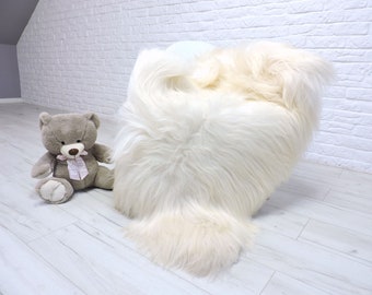 Genuine White Icelandic Sheepskin Rug: Long Hair Boho Fur Throw (61"x 33")