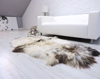 Rare ! Genuine sheepskin,  quad Icelandic sheepskin rug, unique sheepskin, cream brown fur rug, area rug, fur throw, long hair shag rug, Q14