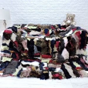 SALE ! Cozy real FOX fur throw, KING fur patchwork blanket, multicolored fox, glamour bedroom decor, boho fur rug, fluffy sofa throw 383