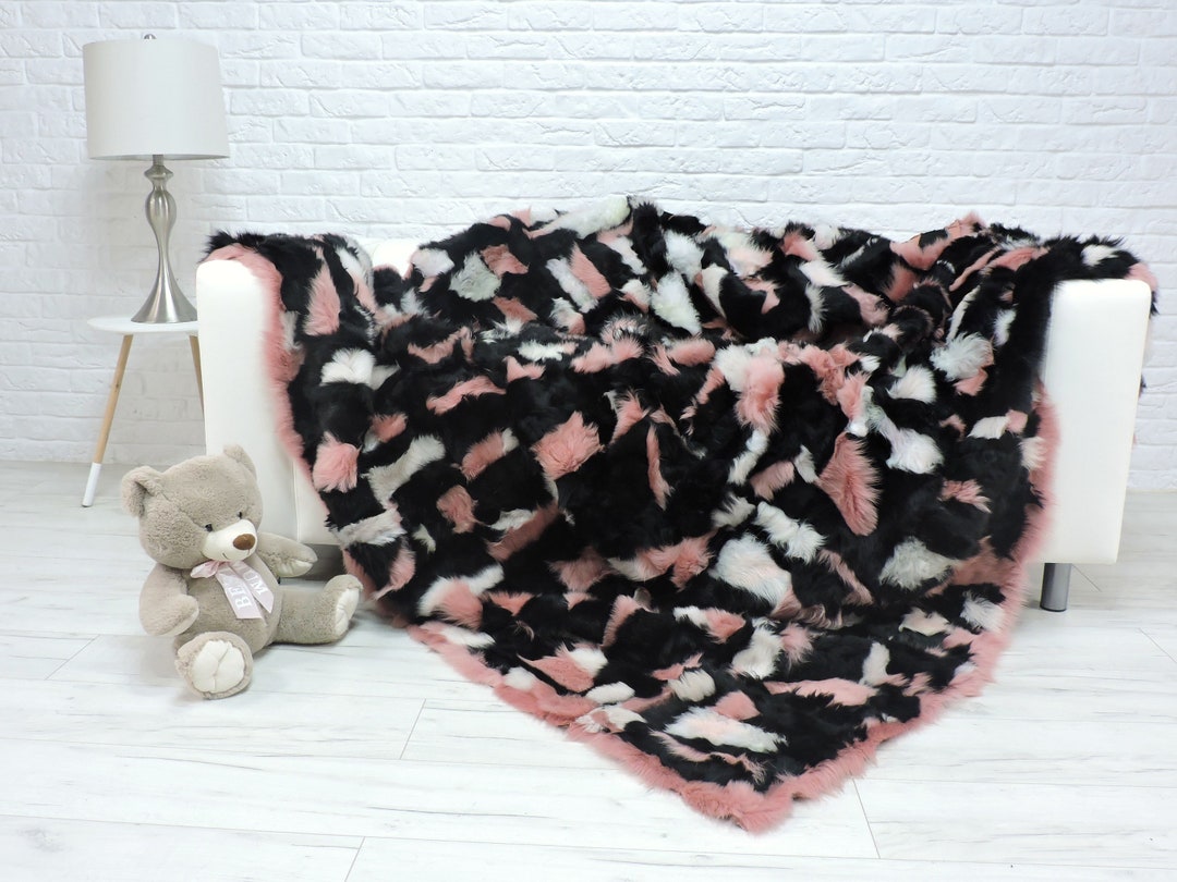 Luxury Real Sheepskin Fur Throw, Patchwork Fur Blanket, Pink White Black Fur Throw, King Fur