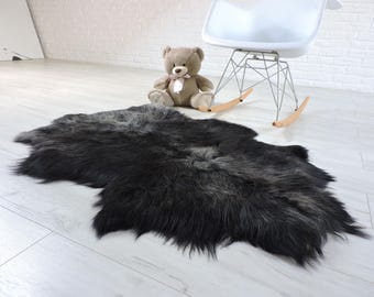 Large Icelandic Sheepskin Rug: Grey Black Fur Throw, Scandinavian Boho Decor