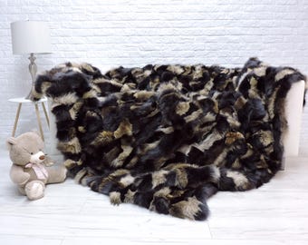 Beige Brown Real Fox Fur Throw: King Blanket, Fur Rug  554