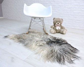 Genuine sheepskin rug , area rug, shag rug, mongolian fur rug, curly hair large Icelandic sheepskin, white grey fur throw, chair cover, 890