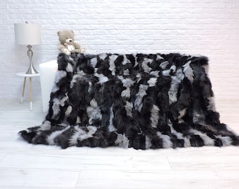 Luxus Echtpelz Überwurf, König Pelz Decke, echter Fuchs Pelz, Patchwork Pelz, grauer Fuchs Pelzdecke, Glamour Dekor, Boho, Pelzteppich, Sofaüberwurf 546