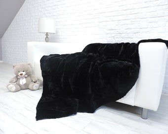 Genuine Sheepskin Fur Throw: Plush Black Lambskin Blanket, Boho Style
