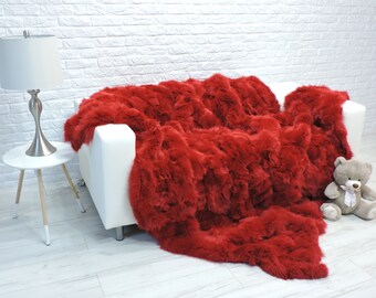 Real Fox Fur Throw Blanket: Red Luxury King Blanket, 270