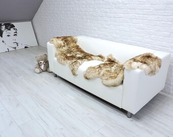 Cream Brown Real Sheepskin Rugs (Set of 2): Deep Pile Throw  142/1