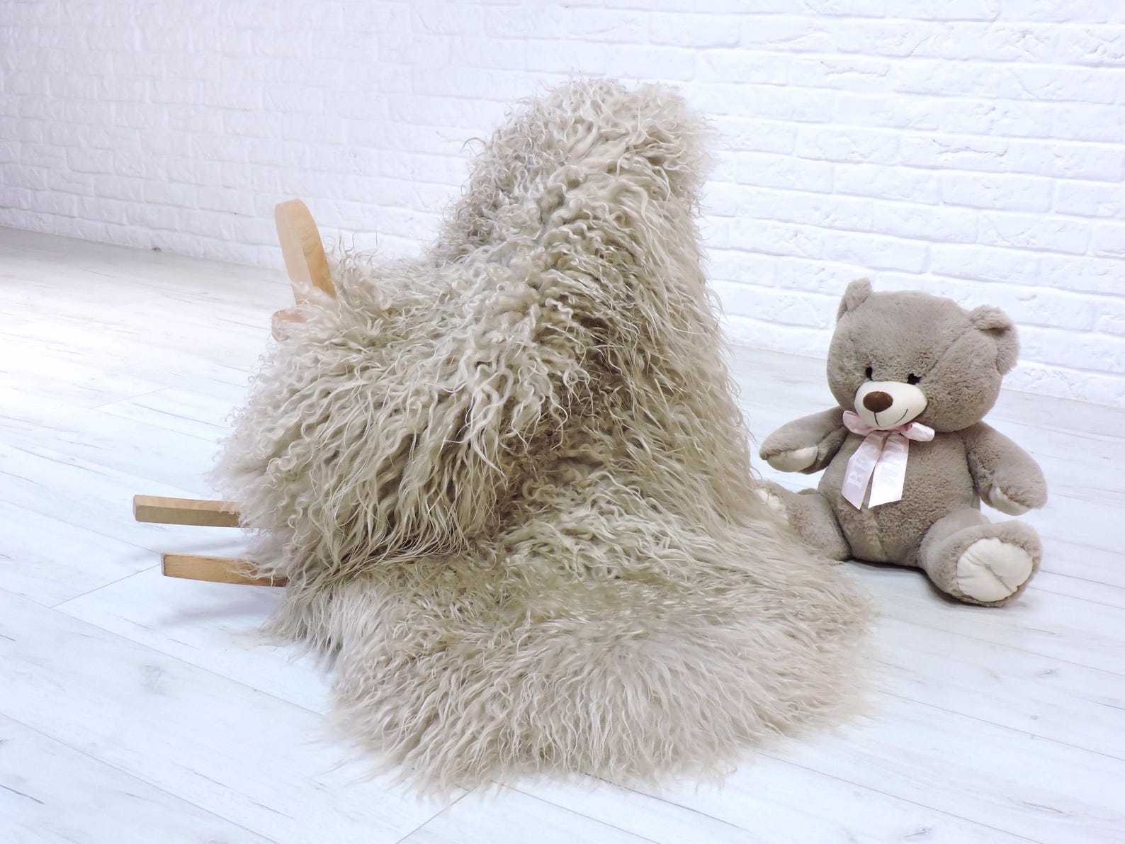 Taupe Beige Real Sheepskin Rug: Mongolian Curly Fur, Natural Fur Throw 826