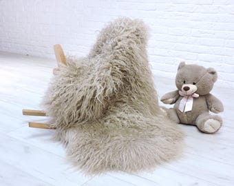 Taupe Beige Real Sheepskin Rug: Mongolian Curly Fur,  Natural Fur Throw 826