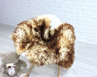 Genuine Cream & Brown Sheepskin Rug: Curly Hair Fur Throw (51"x 25")