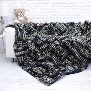 Cozy real REX rabbit fur throw, KING fur blanket, teal green  patchwork fur, boho style, sofa throw, fur rug, glamour bedroom decor  573