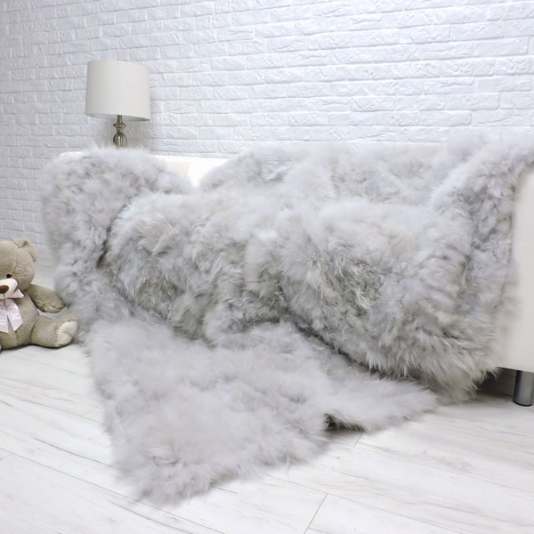 Rare ! Cashmere wool throw, light grey cashmere leather blanket, luxury warm sofa throw, large patchwork fur throw, genuine cashmere 635