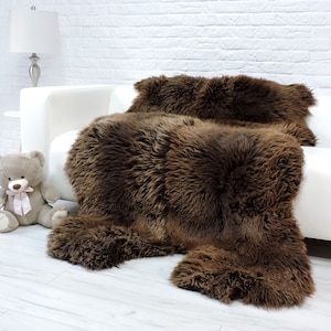 Bear skin rug brown, genuine sheepskin rug GIANT, area rug, shag rug, cozy fur rug, thick fluffy sheepskin, fur throw, leather rug,  778