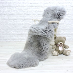 Real silver grey double sheepskin rug, plush fluffy thick area rug, bench, chair cover, giant genuine sheepskin, lambskin throw, fur rug 174