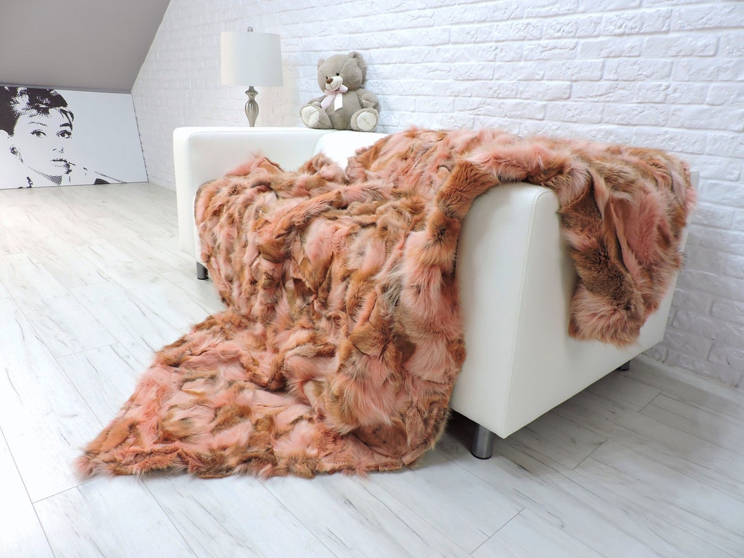 Luxury Real Fox Fur Throw, King Fur Blanket, Orange Peach Fur
