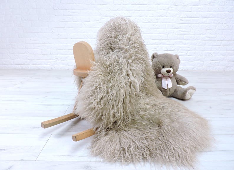 Draped Rugs Taupe Beige Real Sheepskin Rug: Mongolian Curly Fur, Natural Fur Throw ...