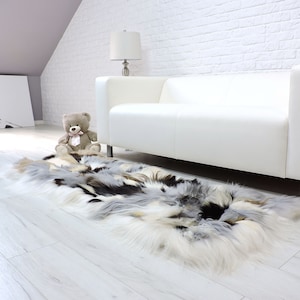 Sale! Genuine sheepskin, rectangle area rug, boho style, patchwork fur rug, armchair cover, lambskin leather rug, grey brown fur throw 798