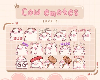 Pink Cow Emotes, strawberry, Twitch / Discord, premade, ready to use