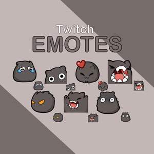Op de afbeelding: Een verzameling Twitch-emotes met een grijs, harig wezen met verschillende uitdrukkingen, waaronder huilen, verrast, verliefd, boos en lachen. De tekst "Twitch Emotes" staat bovenaan de afbeelding.