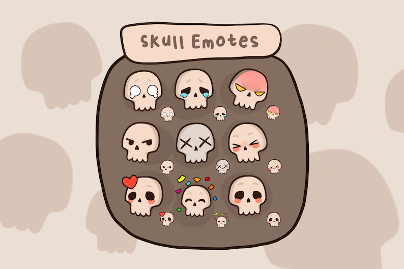 May include: A brown bag with the text "Skull Emotes" on it. The bag is filled with various cartoon skull emoticons with different expressions, including happy, sad, angry, and surprised.