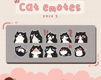 May include: A set of 10 black and white cat emoticons with different expressions, including surprised, sad, angry, and confused. The emoticons are arranged in a grid on a gray background. The text "Cat emotes pack 1." is above the grid.