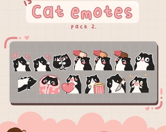 May include: A set of 13 black and white cat emoticons with different expressions. The emoticons are in a grid format and include expressions like "Hi", "sleepy", "heart", "popcorn", "knife", and "sparkles". The text "Cat emotes pack 2." is at the top of the image.