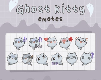 May include: A set of 10 ghost kitty emoticons with different expressions, including surprised, happy, sad, angry, and dead. The emoticons are white with black eyes and mouths, and they are set against a white background with a grid pattern.