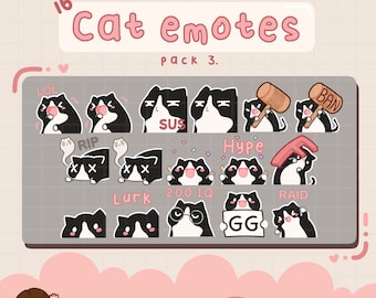 May include: A set of 16 black and white cat emoticons with different expressions and actions. The emoticons include "LOL", "RIP", "SUS", "Hype", "Lurk", "200 IQ", "RAID", "GG", and "BAN".