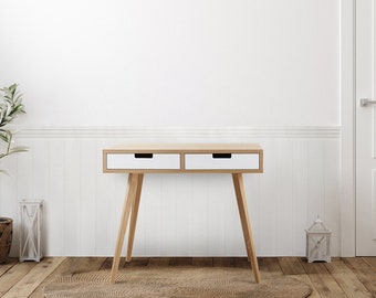 Small wooden desk with white drawers in Scandinavian design for Home Office, Computer Desk, Writing Desk, Laptop Desk. Oak board