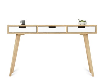 Modern Wood Desk with Drawers in Scandi style. Writing bureau desk, white computer desk, laptop table, modern office desk, scandinavian