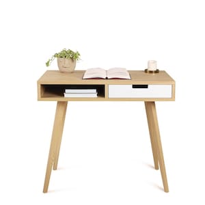 Small Desk with Drawer & Shelf made from Real Wood and Solid Oak. Minimalist and simple office table for laptop or computer.