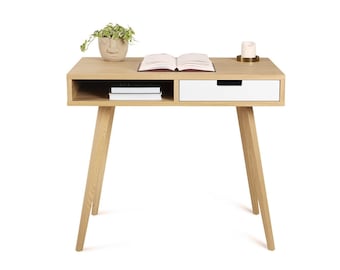Small Desk with Drawer & Shelf made from Real Wood and Solid Oak. Minimalist and simple office table for laptop or computer.