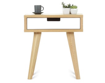 Oak designer modern wooden Scandinavian bedside table with drawer. Scandinavian cabinet with drawer. Handmade.