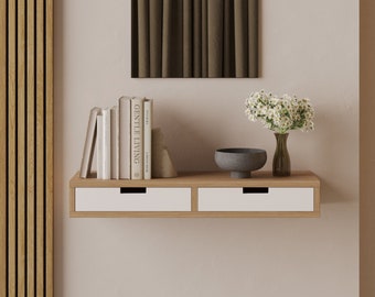 Scandinavian style floating console table with white drawers, entryway table with storage.